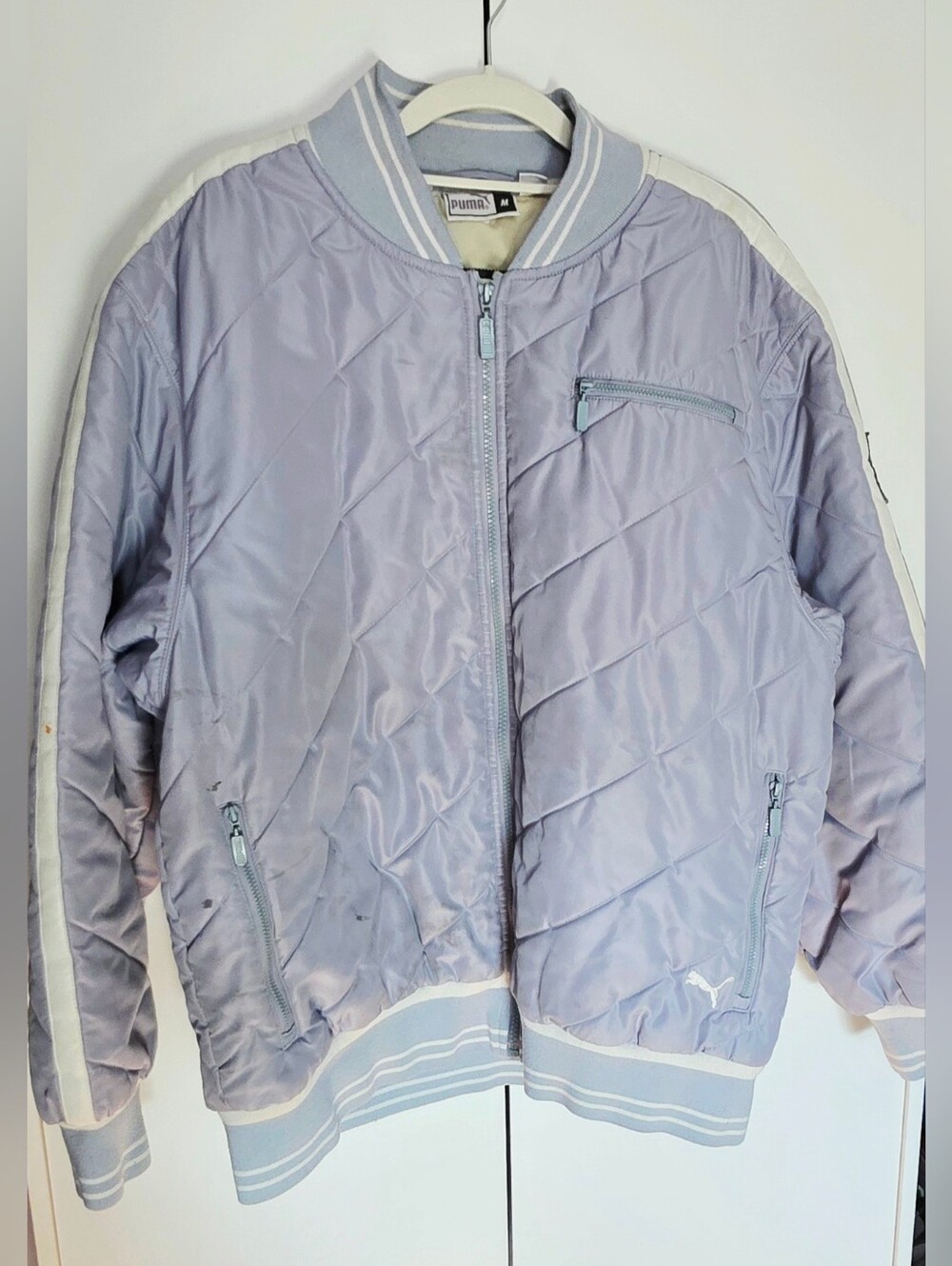 Vintage PUMA 1948 Quilted Bomber Jacket Light Blue Striped • Size M